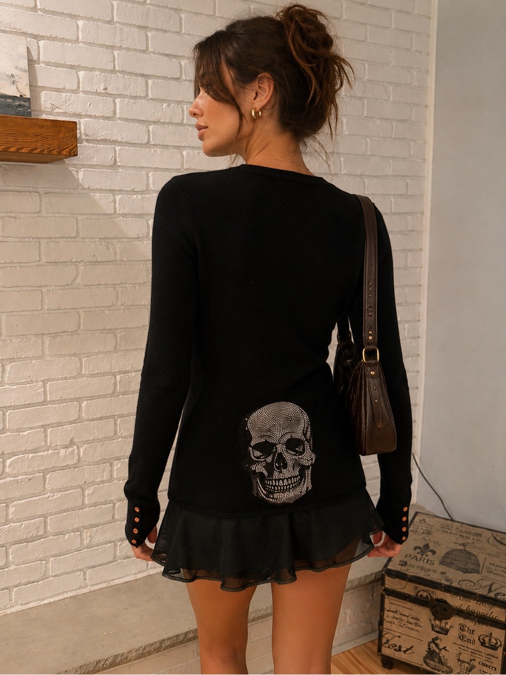 Kings of Cole 100% Cashmere Black Skull Cardigan Rhinestone Skull Sweater Size S